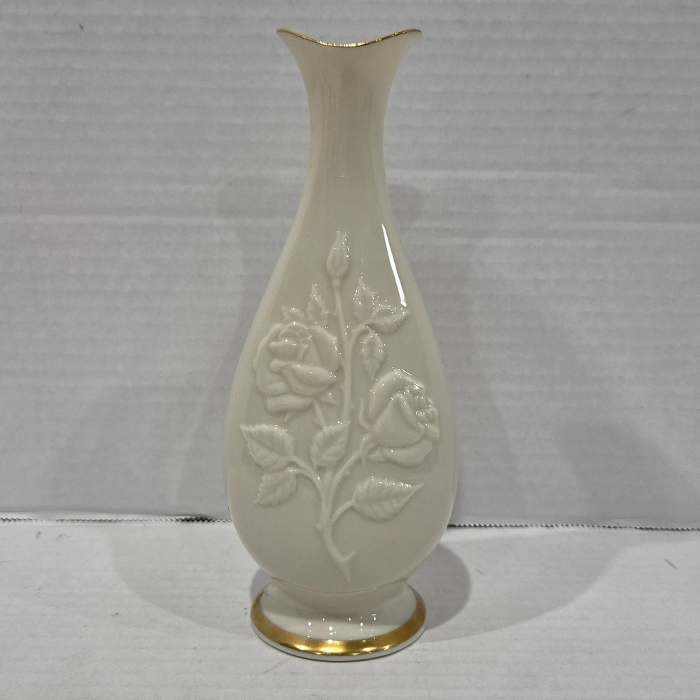 Lenox Ivory Fine China Rose Bud Vase Embossed Floral Gold Trim 7in Made in USA